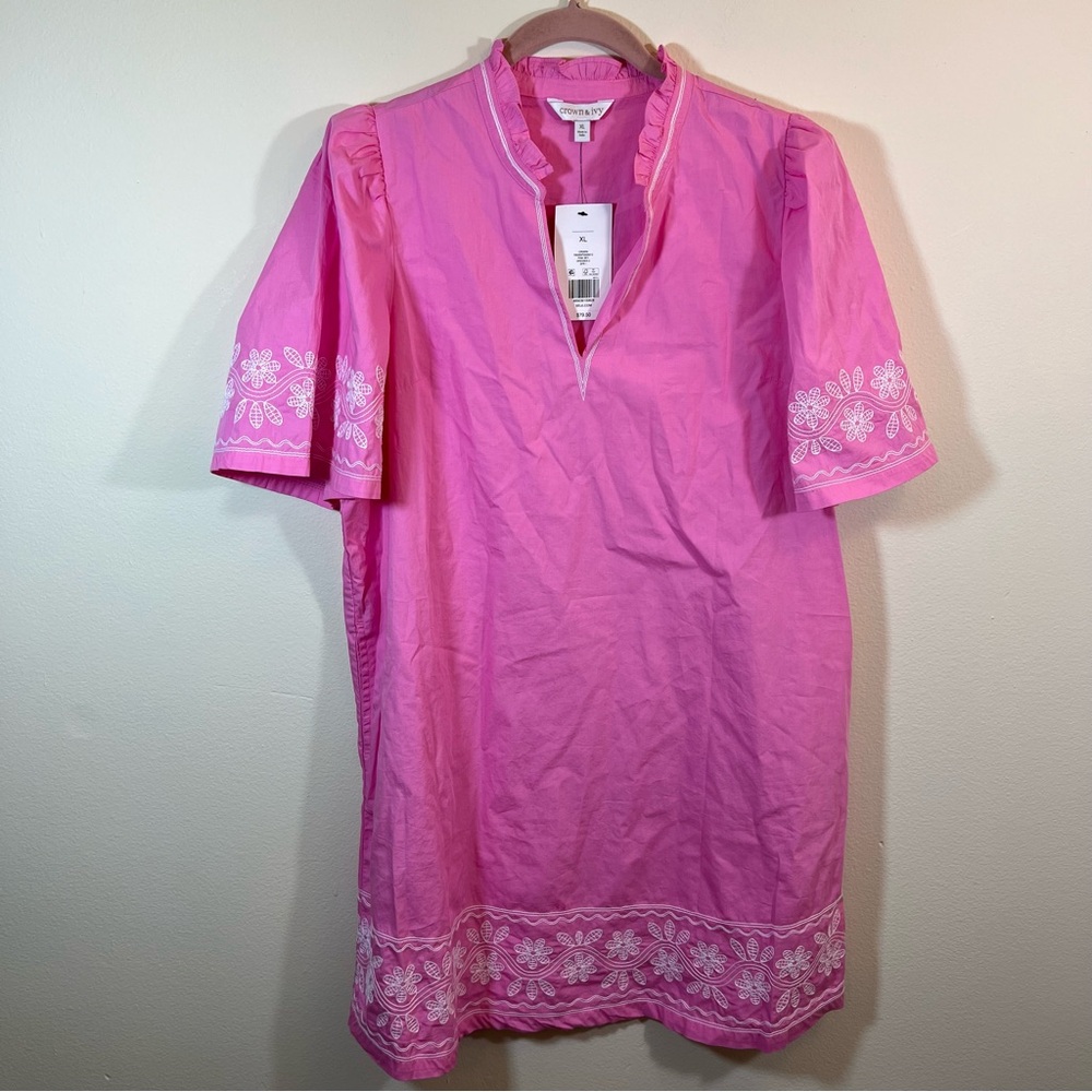 crown & ivy Pink Embroidered Shift Dress
